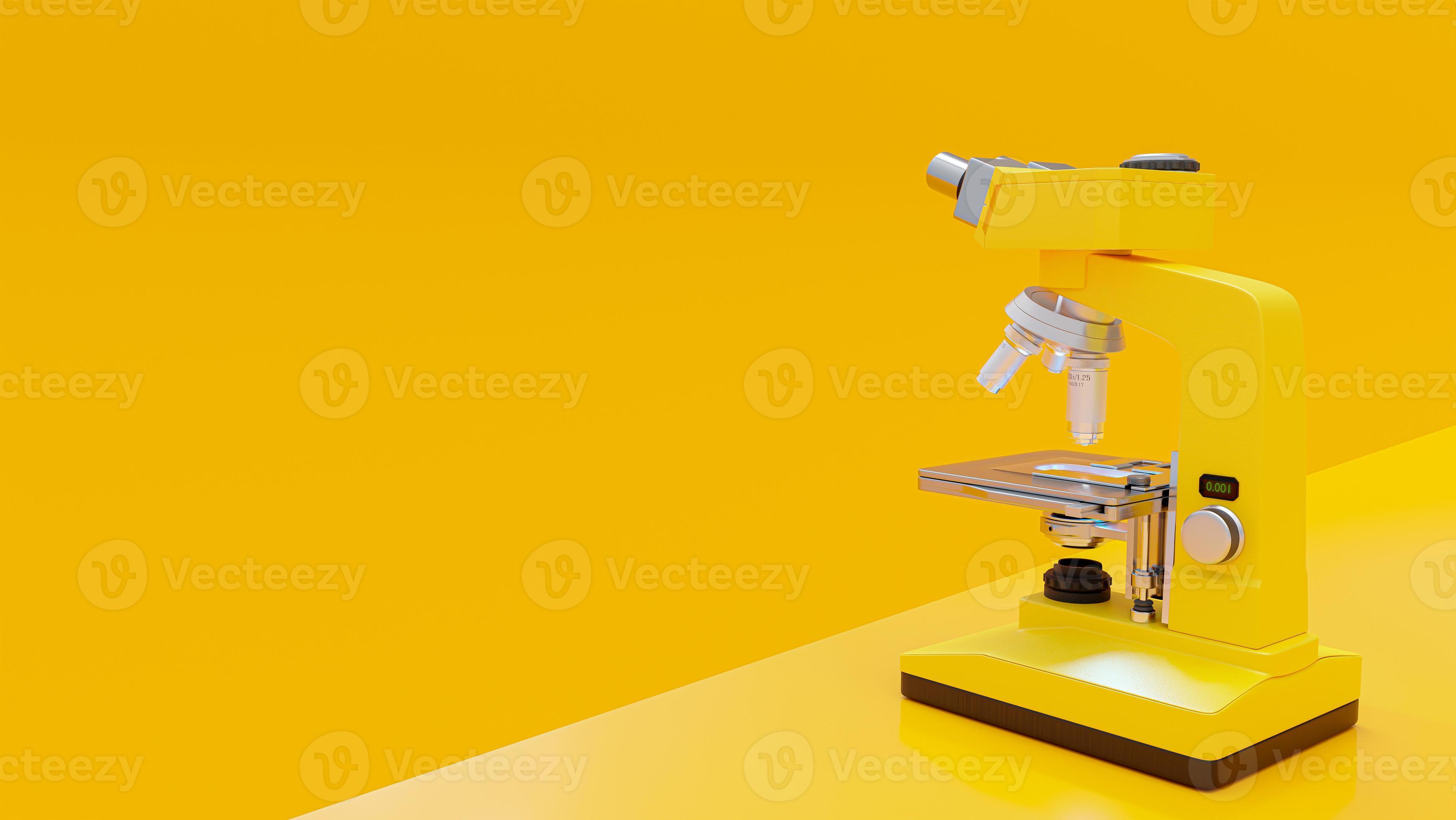 Yellow microscope in yellow lab. Space for banner and logo. Minimal and
