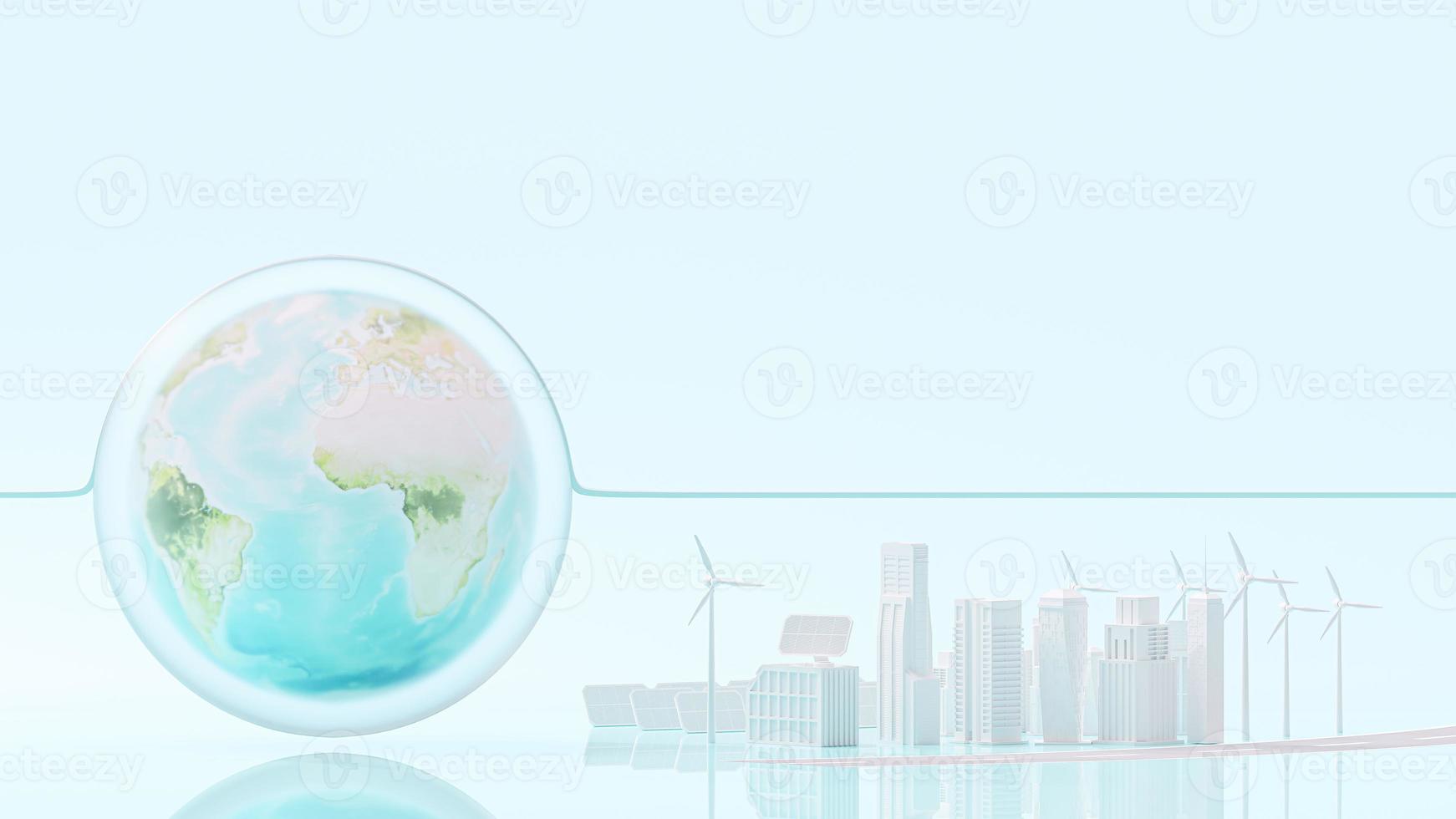 globo y ciudad blanca energía eléctrica limpia a partir de fuentes de energía renovables, sol y viento. conceptos ambientales y ecológicos. foto