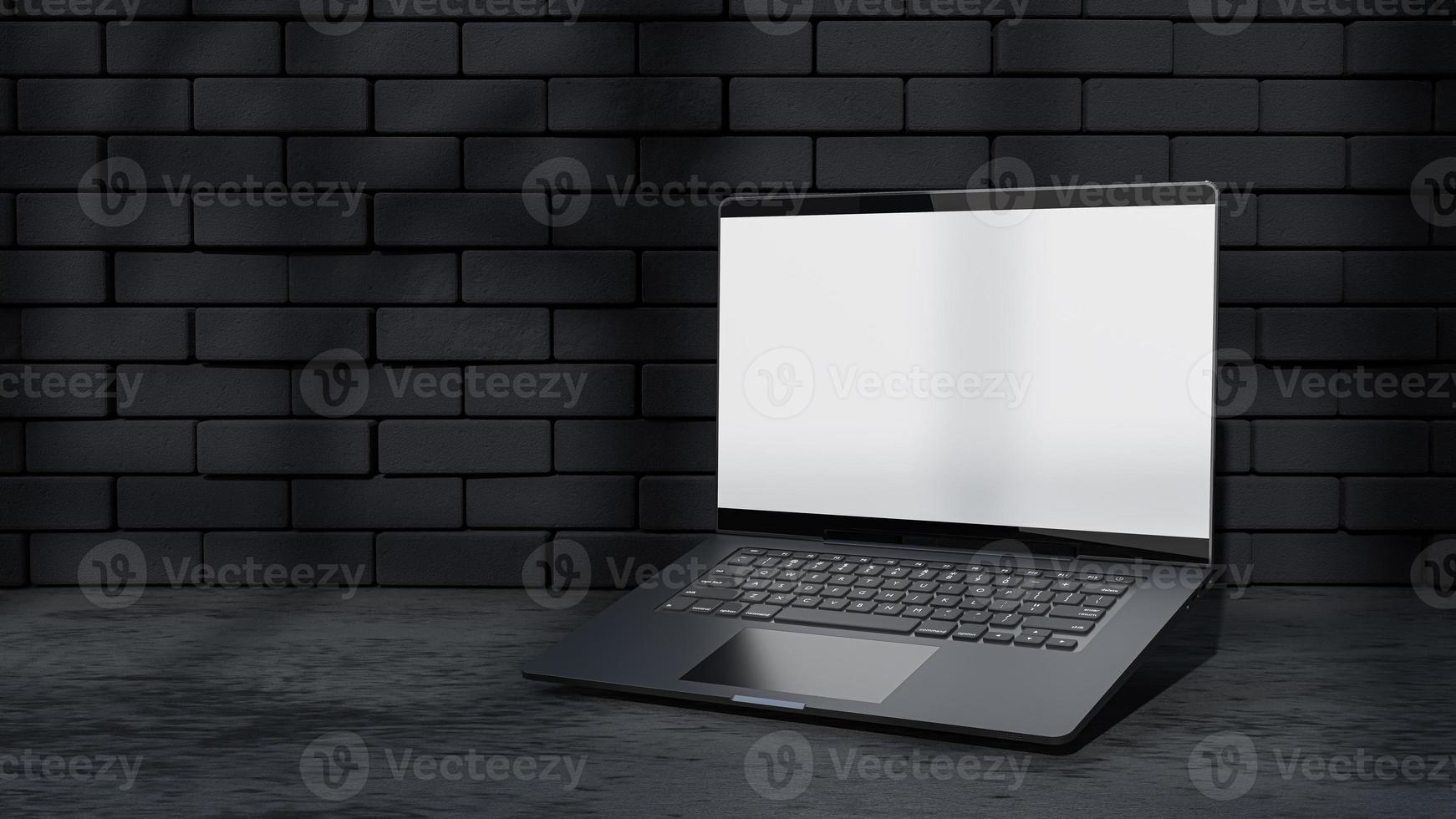 Laptop Mock-Up Empty screen front black brick wall. shadow of tree ...