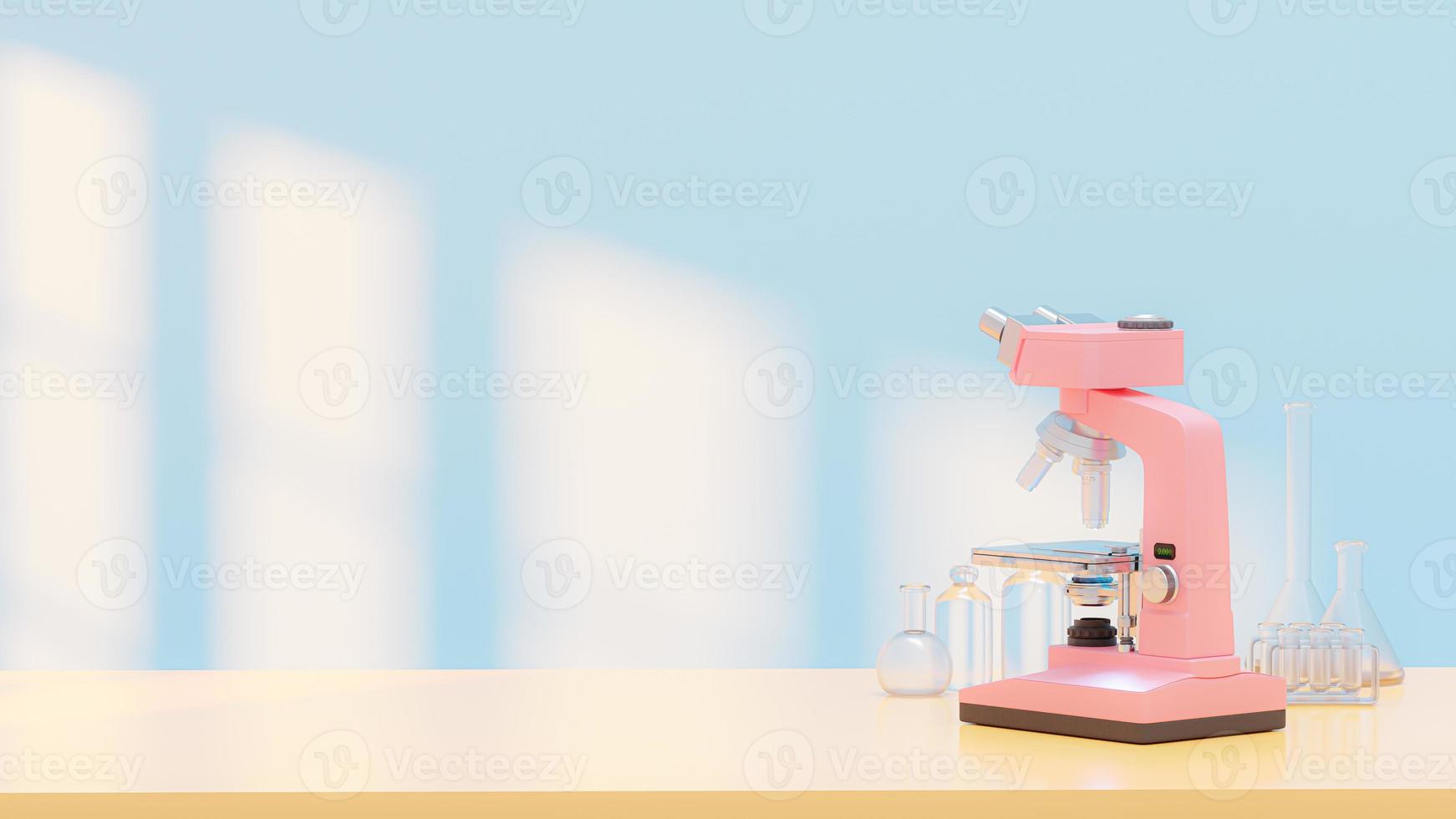 Pink microscope table with test tubes. in the blue lab. photo