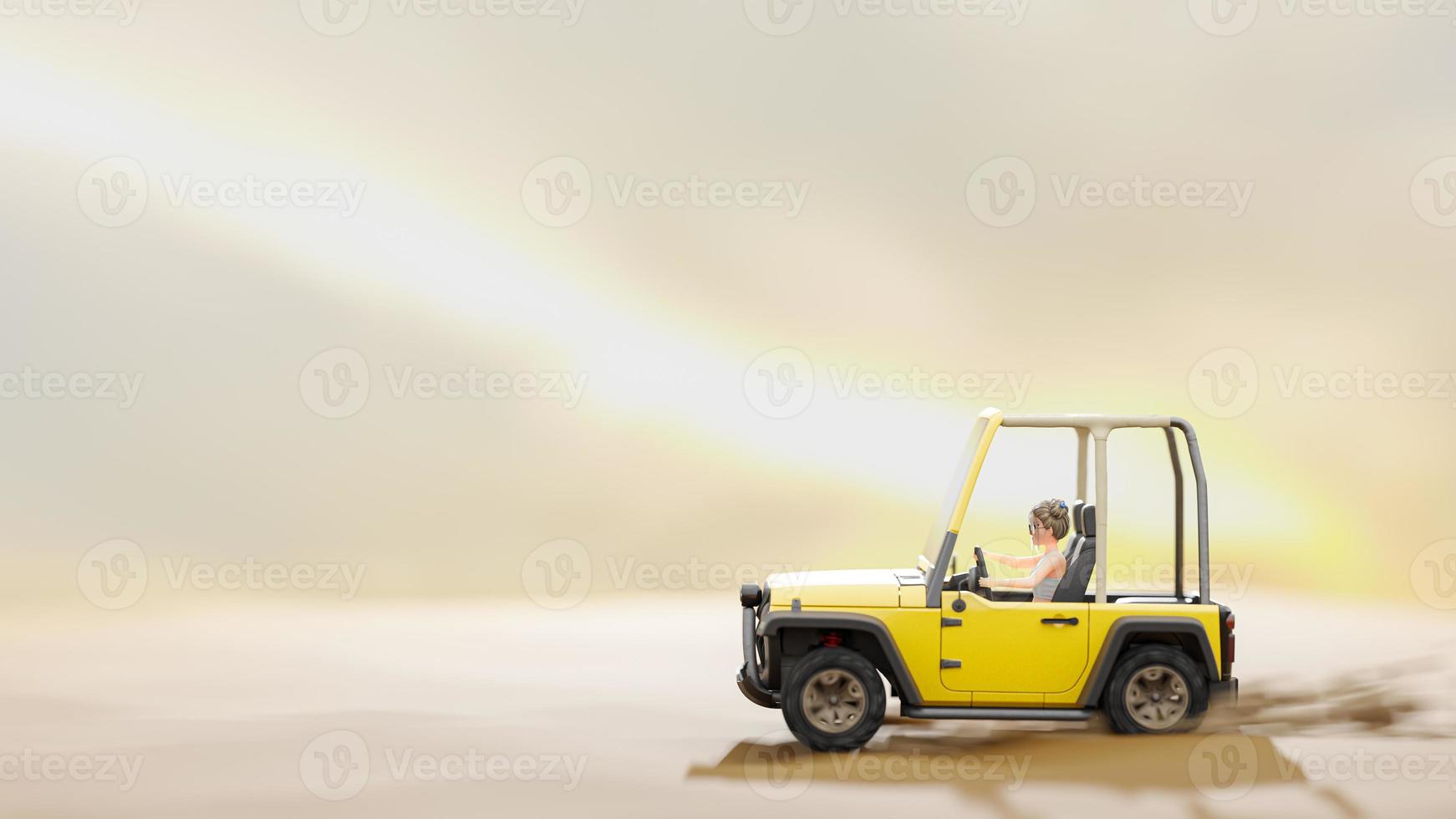 Little girl driving  yellow car in empty space desert-like. Bright light from the sun background. photo
