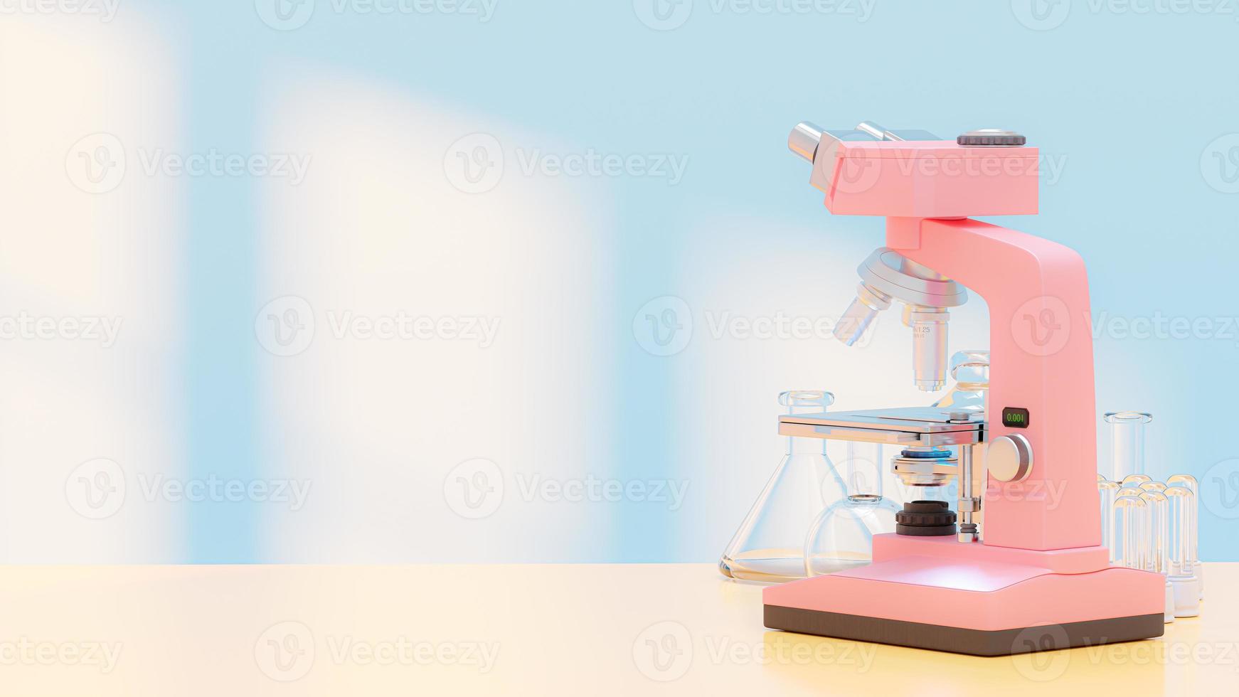 Pink pastel microscope on table with test tubes. in the blue lab. Space for banner and logo. Science and laboratory background concept. photo