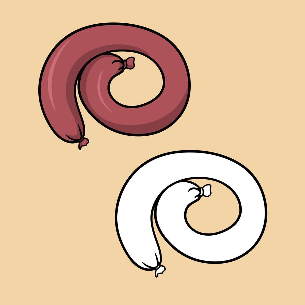 Red smoked delicious sausage rolled into a ring, A set of pictures for coloring books, vector cartoon illustration on a beige background