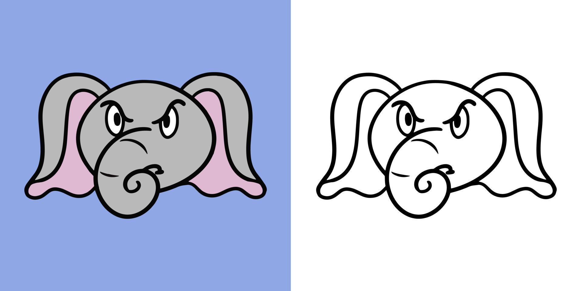 Horizontal illustration for coloring book, Angry little elephant, elephant emotions, vector illustration in cartoon style