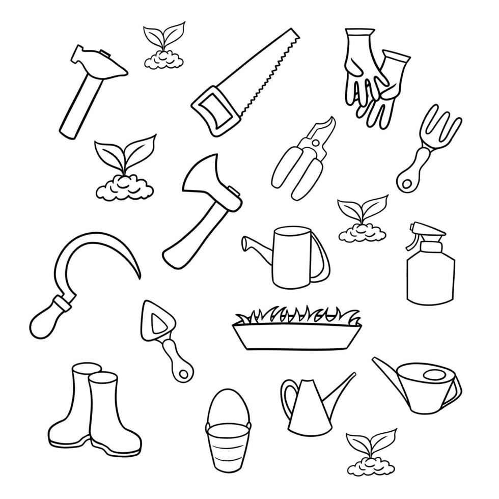 A large set of garden tools for caring for plants, vector illustration on a white background, A set of pictures, a coloring book