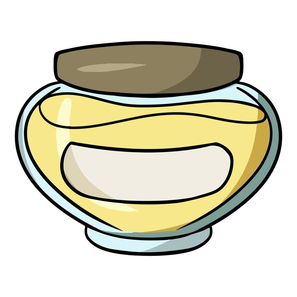 Round glass jar with yellow honey, jam jar, vector illustration in cartoon style on a white background