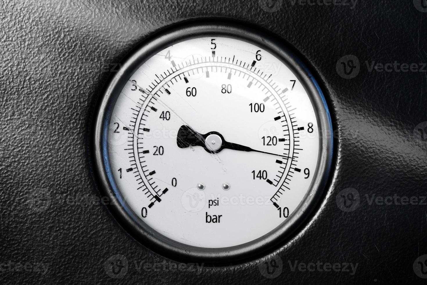 Round temperature gauge isolated on a black panel. Circular barometer or indicator template. 3d illustration photo