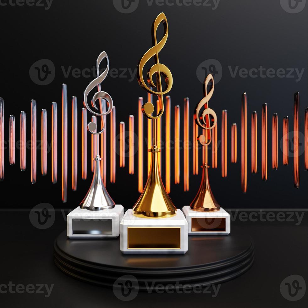 Golden music award with a treble clef on a black background, 3d illustration photo