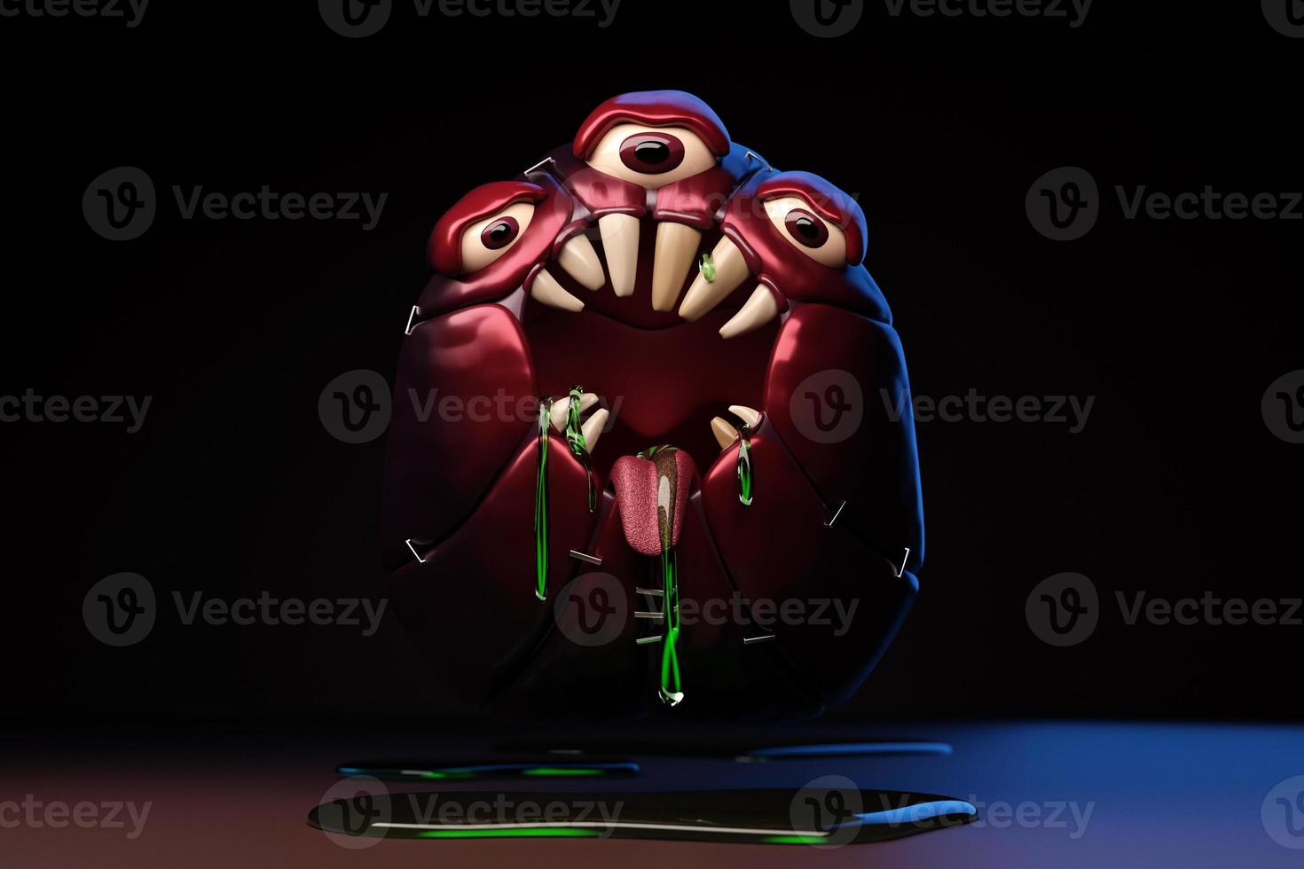 Creepy monster with three eyes, a huge number of fangs, saliva flows, on a black background. 3D rendering photo