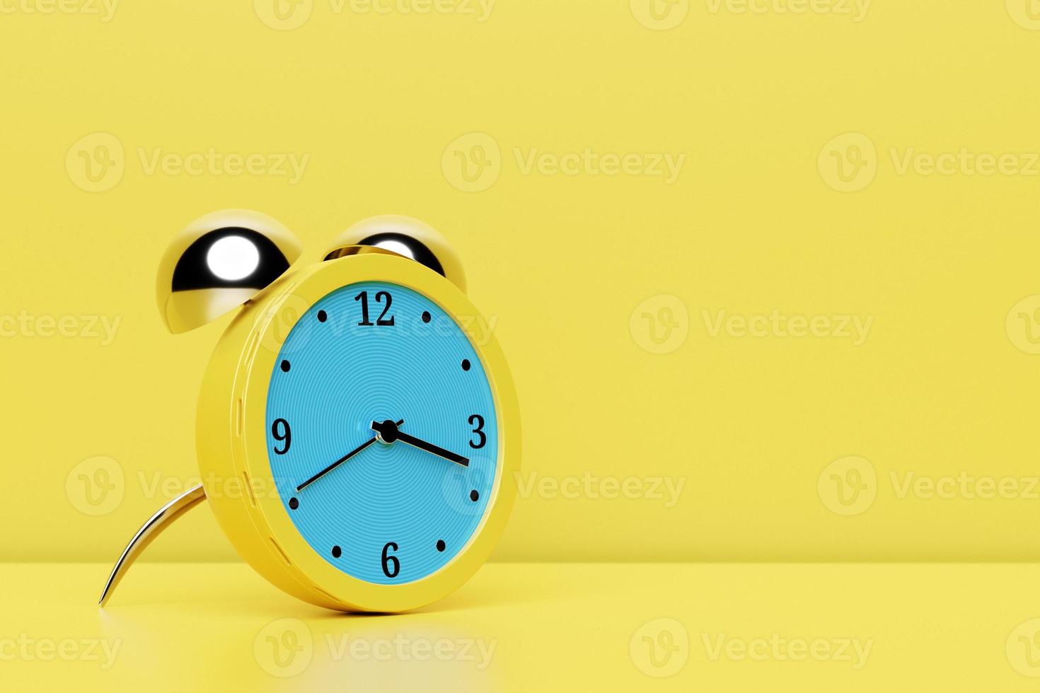 An  yellow and blue  vintage alarm clock standing on the floor with a bright  background. 3d render illustration photo