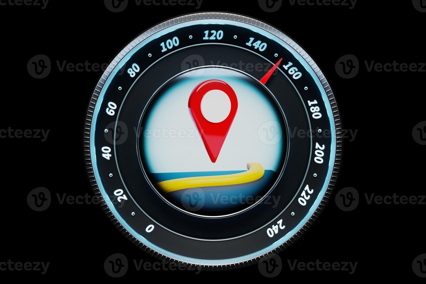 3D illustration close up black car panel, digital bright speedometer in sport style with red navigator marker photo