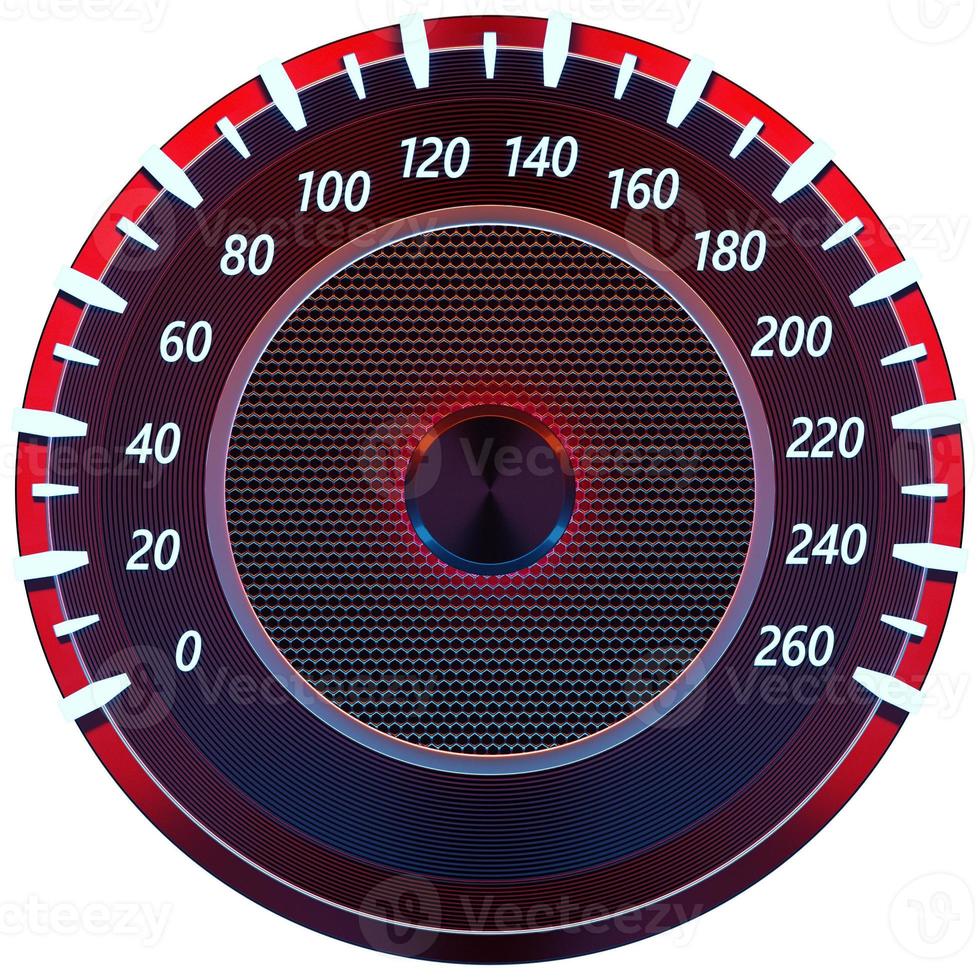 3D illustration close-up black panel of a car, digital bright speedometer in a sporty style on a white isolated background photo