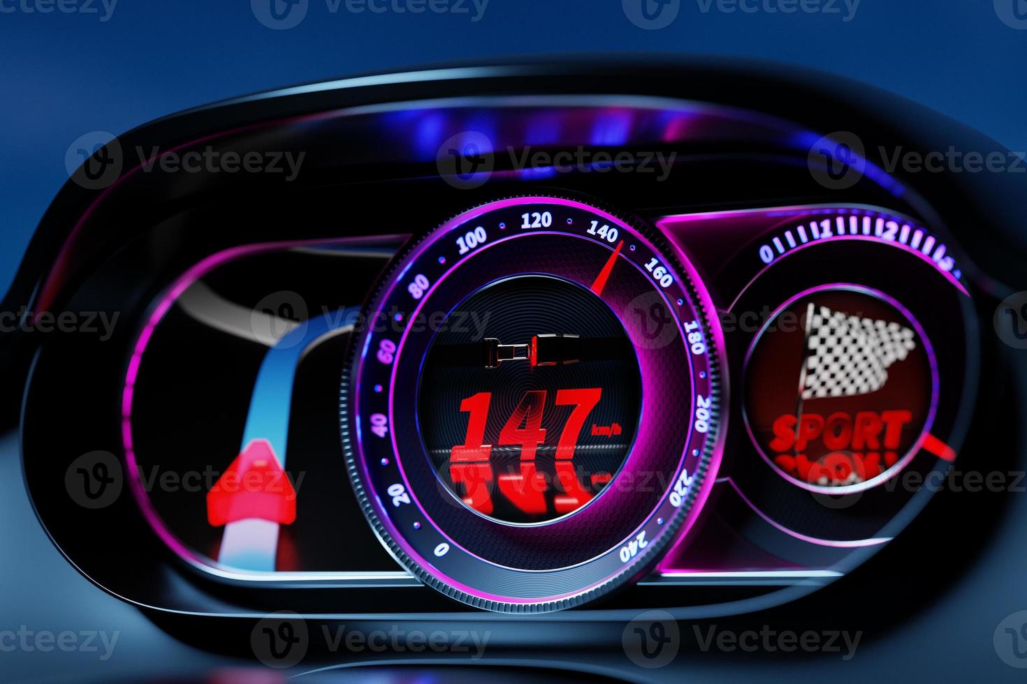 3D illustration of the new car interior details. Speedometer shows a maximum speed of 147 km  h, tachometer with red backlight with icon seat belt fastening photo