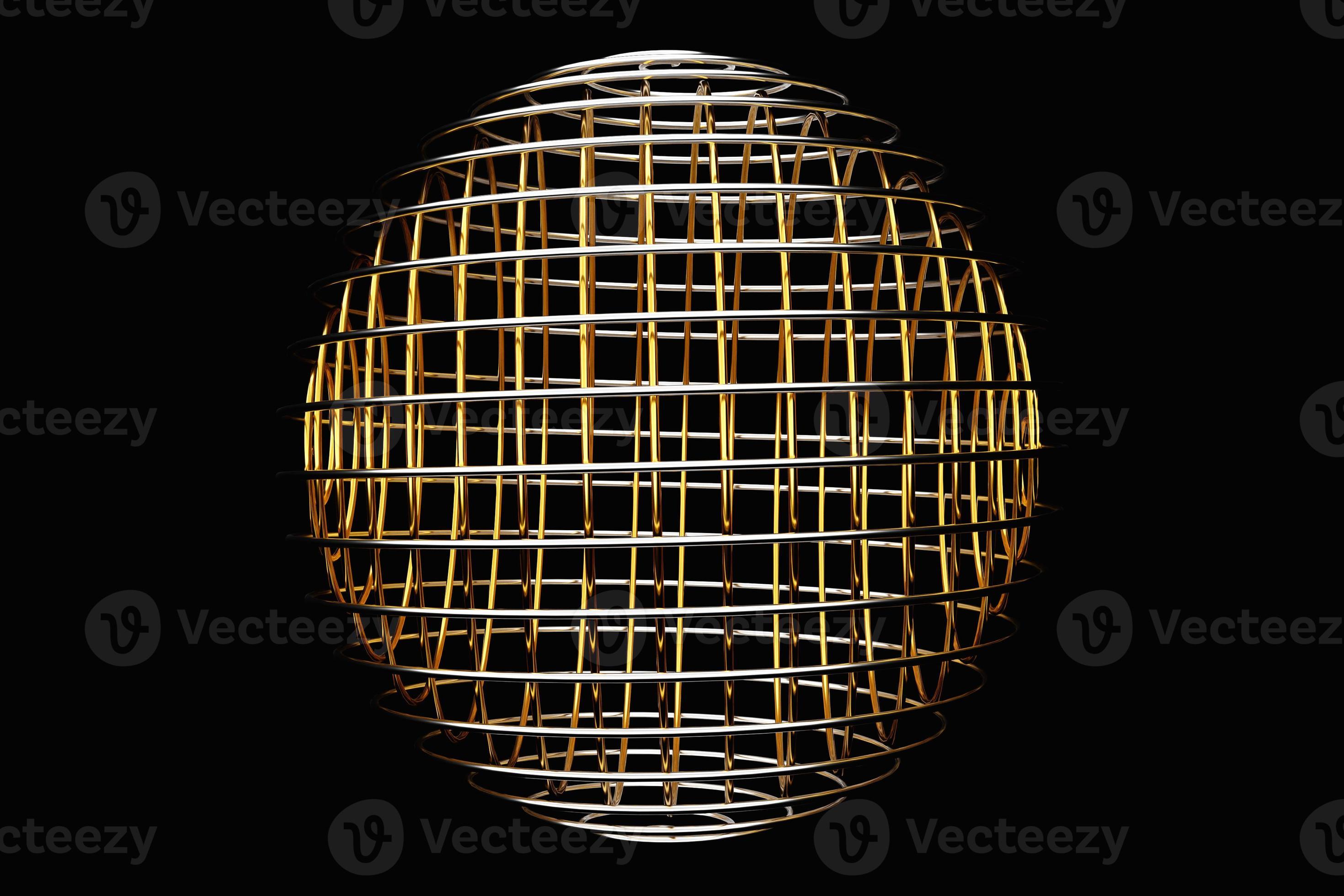 3D illustration of a golden metal ball with many faces on a black