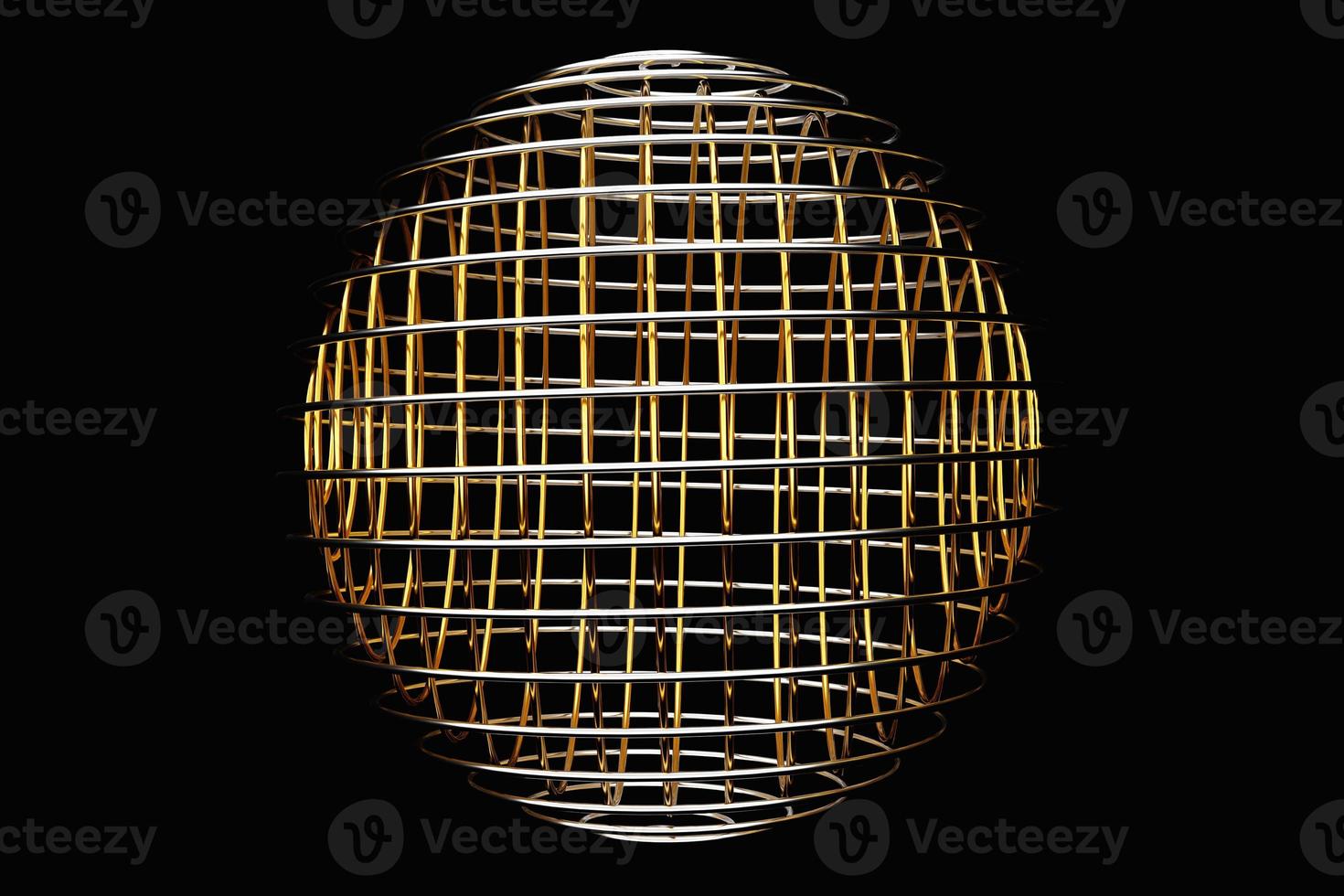 Ilustración 3D de una bola de metal dorado con muchas caras sobre un fondo negro. esfera cibernética foto