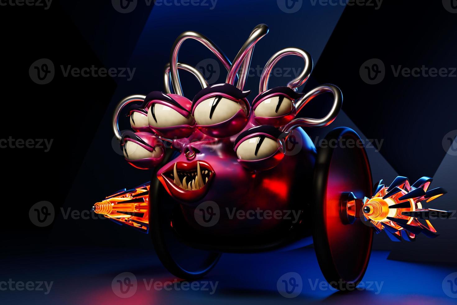 Angry pink cartoon monster with a huge number of eyes, a dangerous weapon - a stinger on wheels ready to attack on a purple background.  3d illustration photo