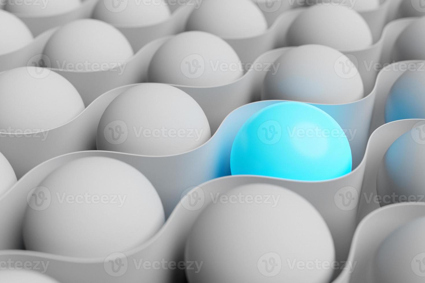3d illustration geometric volumetric figure of a  white and blue  glowing balls with a white ribbon around them. one item different from others photo