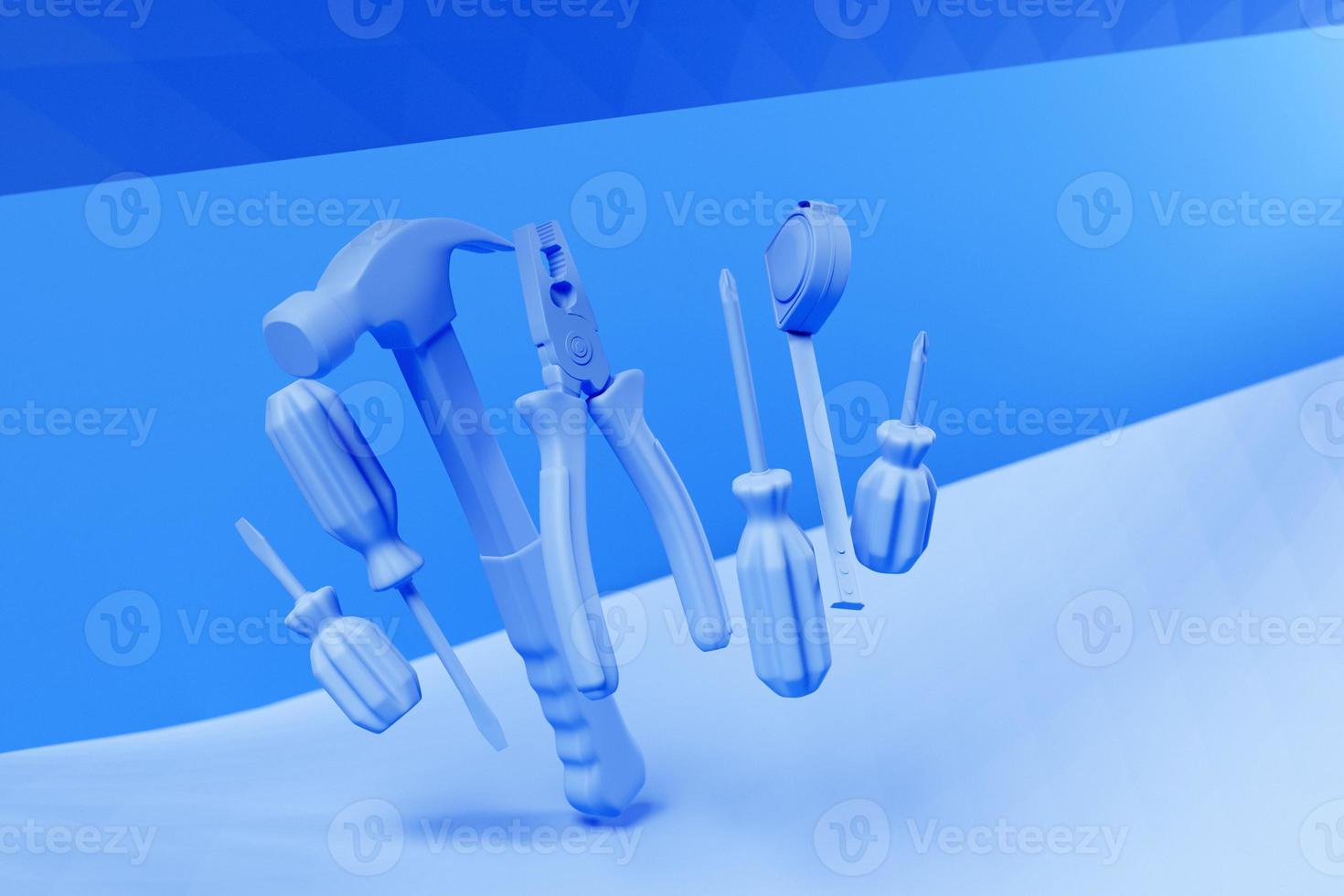 3D illustration blue hand tools screwdriver, hammer, pliers, screws, etc. for handmade. Various working tools. Construction, construction, renovation concept. photo