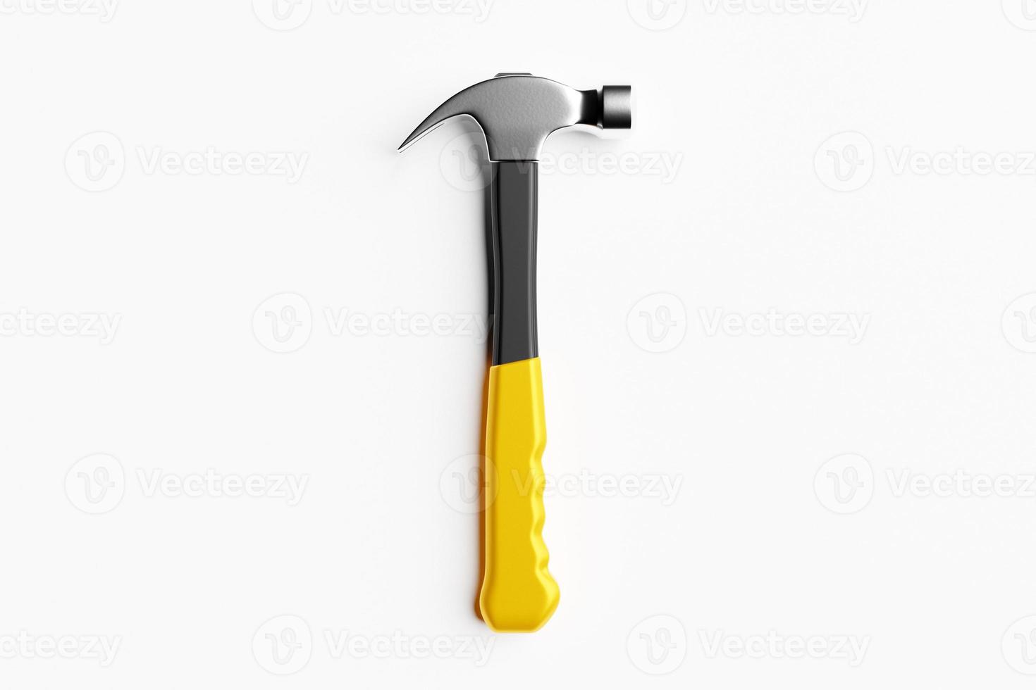 3D illustration of a metal hammer with a yellow handle hand tool isolated on a white background. 3D render and illustration of repair and installation tool photo