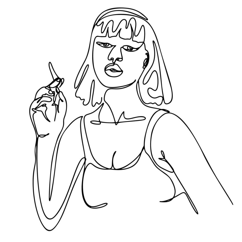 Woman with cigarette one line drawing, modern continuous line illustration vector