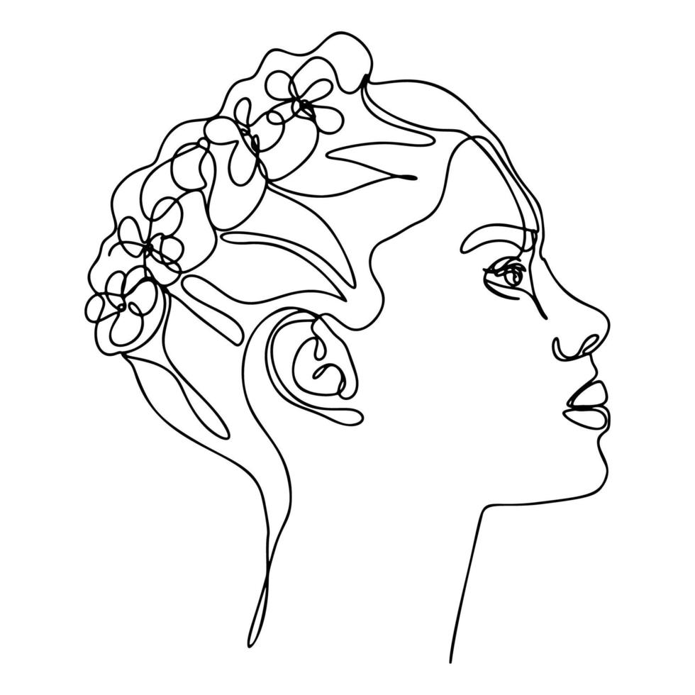 One Line Drawing, Single Continuous Line Sketch Woman Female Floral Face with Flowers vector