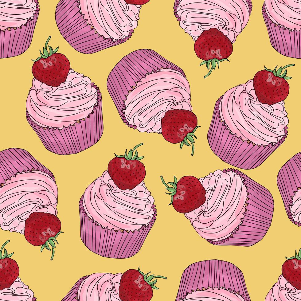 cupcake de fresa dibujado a mano sin fisuras de fondo vector