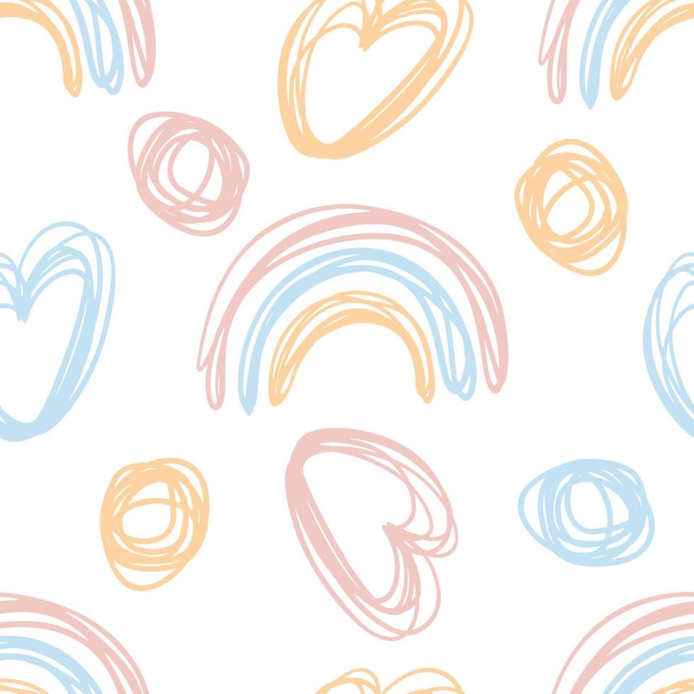 Hand drawn Pastel Kids rainbow heart circle lines seamless pattern vector