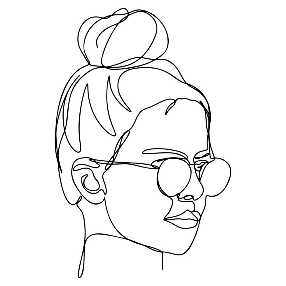 One Line Drawing, Single Continuous Line Sketch Woman Female Face with Sunglasses vector