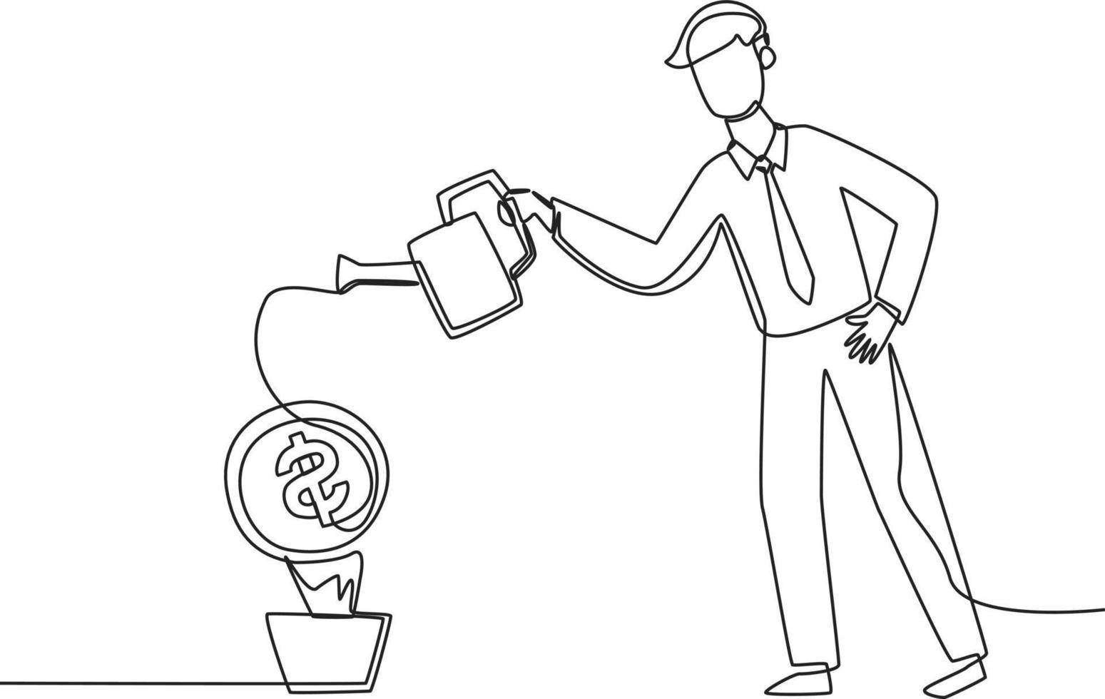 Single one line drawing businessman watering small plant with dollar coin. Corporate Finance Concept. Continuous line draw design graphic vector illustration.