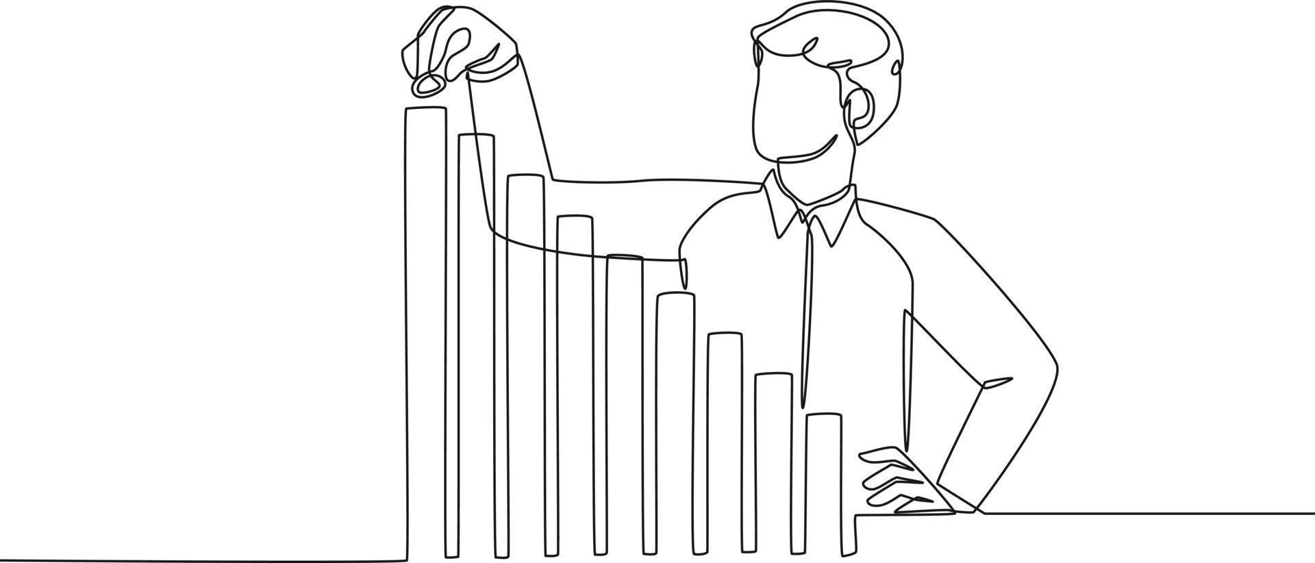 Single one line drawing Businessman measuring chart growth and increase of chart positive indicators in his business. Corporate Finance Concept. Continuous line draw design graphic vector illustration