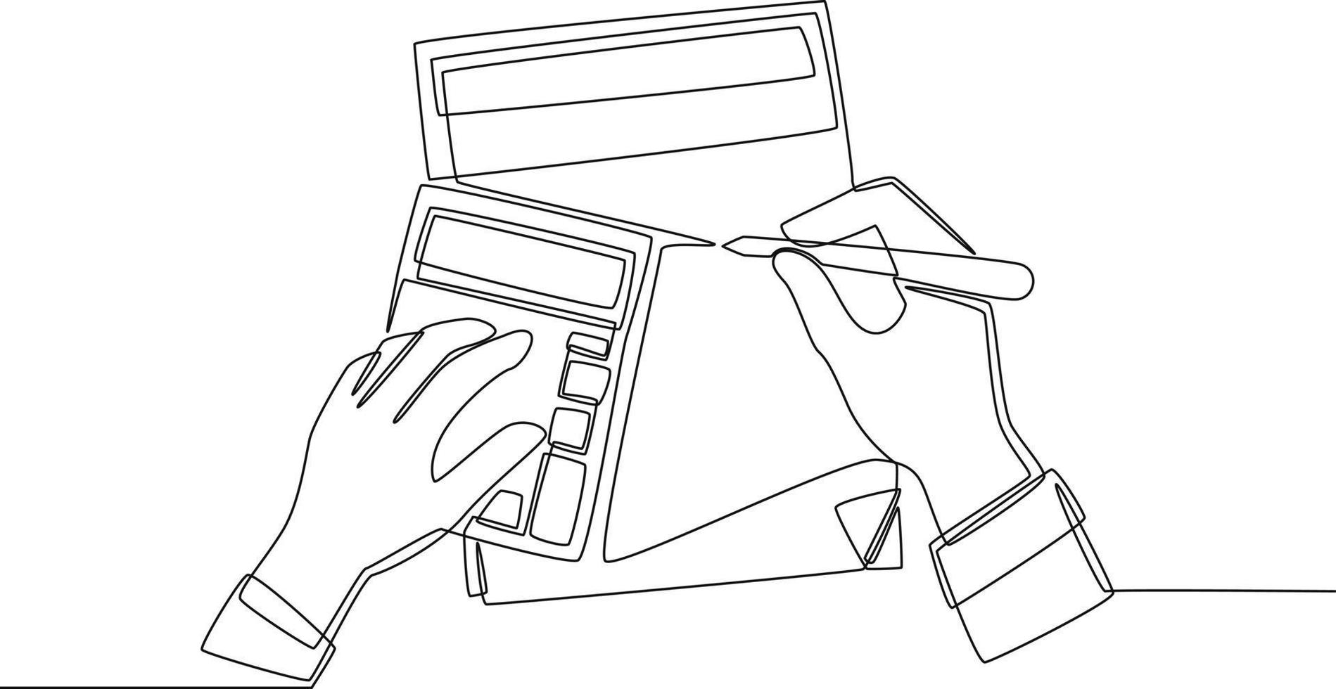 Single one line drawing businessman calculating revenue and cost with calculator. Corporate Finance Concept. Continuous line draw design graphic vector illustration.