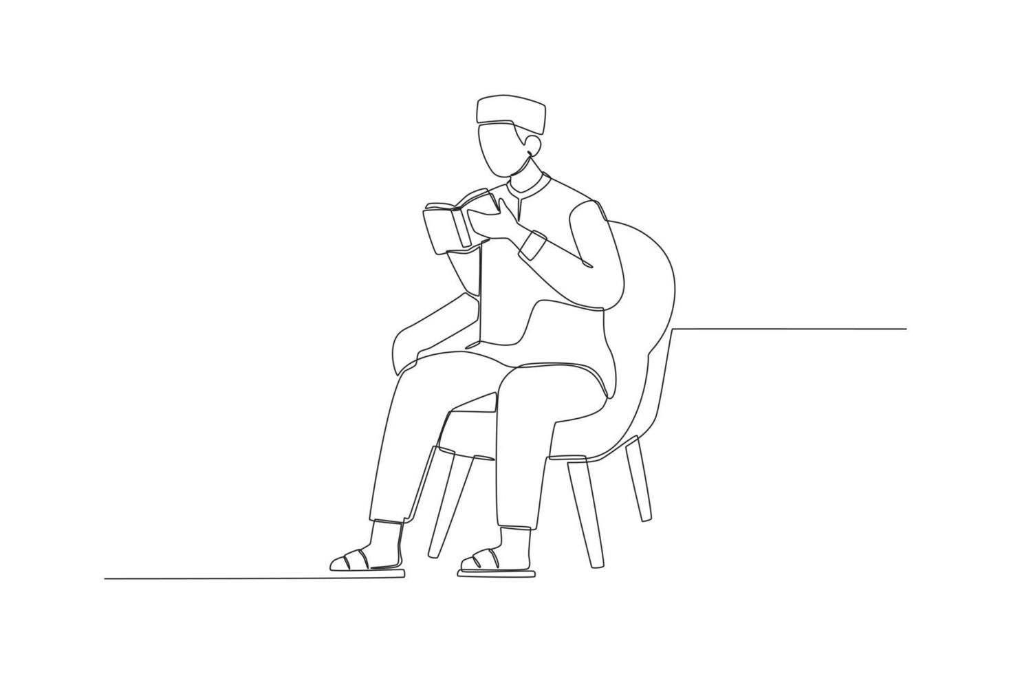 One continuous line drawing of A Muslim reading quran on the sofa. Islamic Prayer Concept. Single line draw design vector graphic illustration.