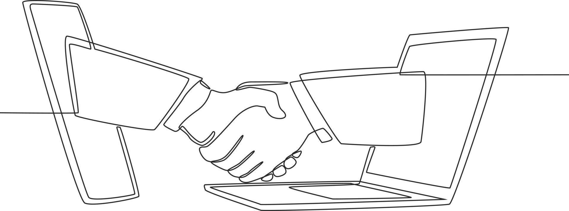 Single one line drawing People shaking hands through smartphone and laptop screens. Concept for business agreement. Continuous line draw design graphic vector illustration.