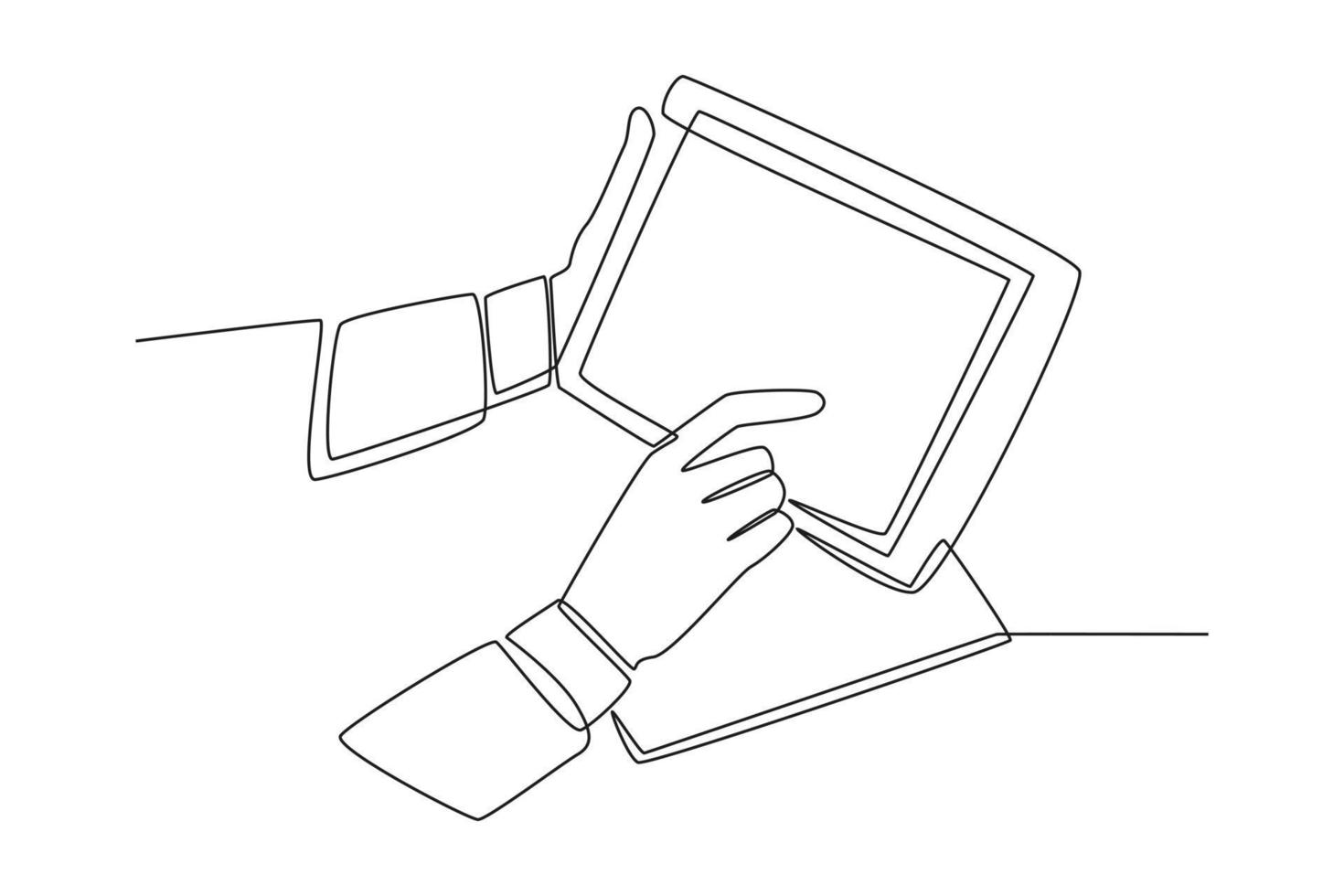 Single one line drawing Businessman touching and sliding tablet screen. Technology concept. Continuous line draw design graphic vector illustration.