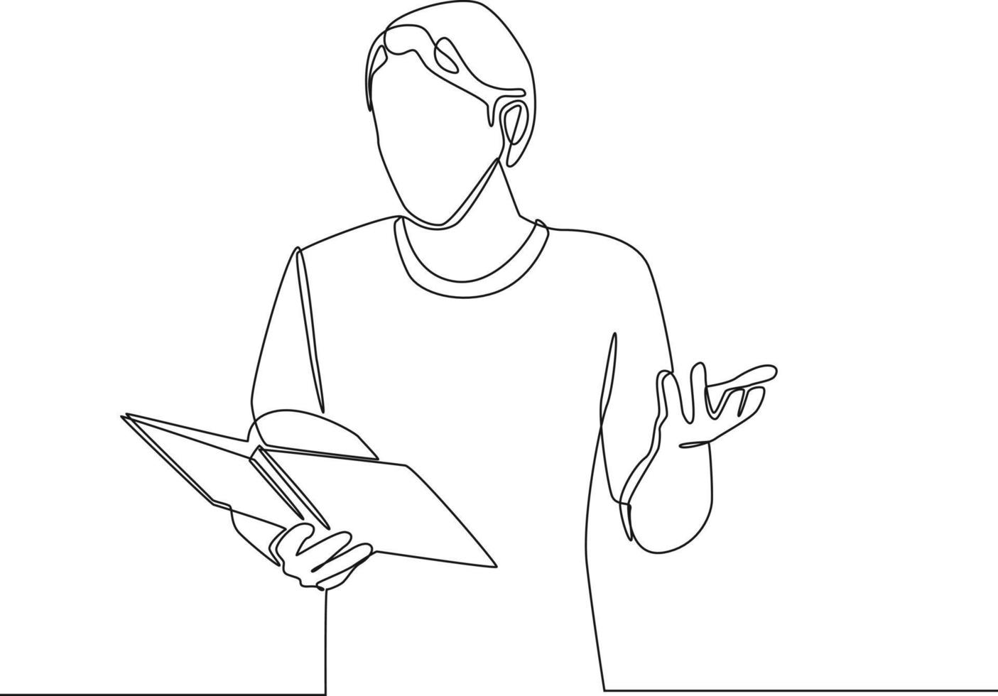 Single one line drawing businessman holding big data book in hand and looking confused. Working big data concept. Continuous line draw design graphic vector illustration.