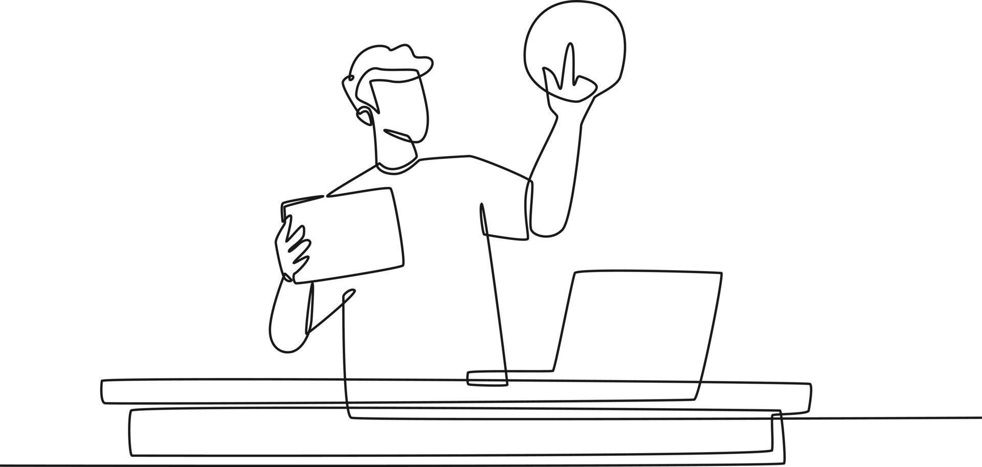 Single one line drawing businessman holding tablet and touch screen in front of laptop. Technology concept. Continuous line draw design graphic vector illustration.