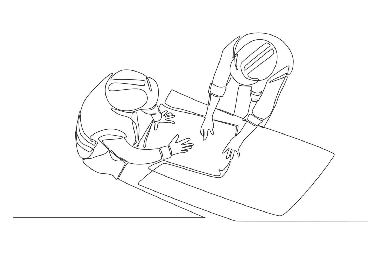 dibujo continuo de una línea. equipo de ingenieros y arquitectos reunidos y discutiendo el diseño de los planos de construcción en la oficina. concepto de construcción de carreteras y edificios. ilustración vectorial vector