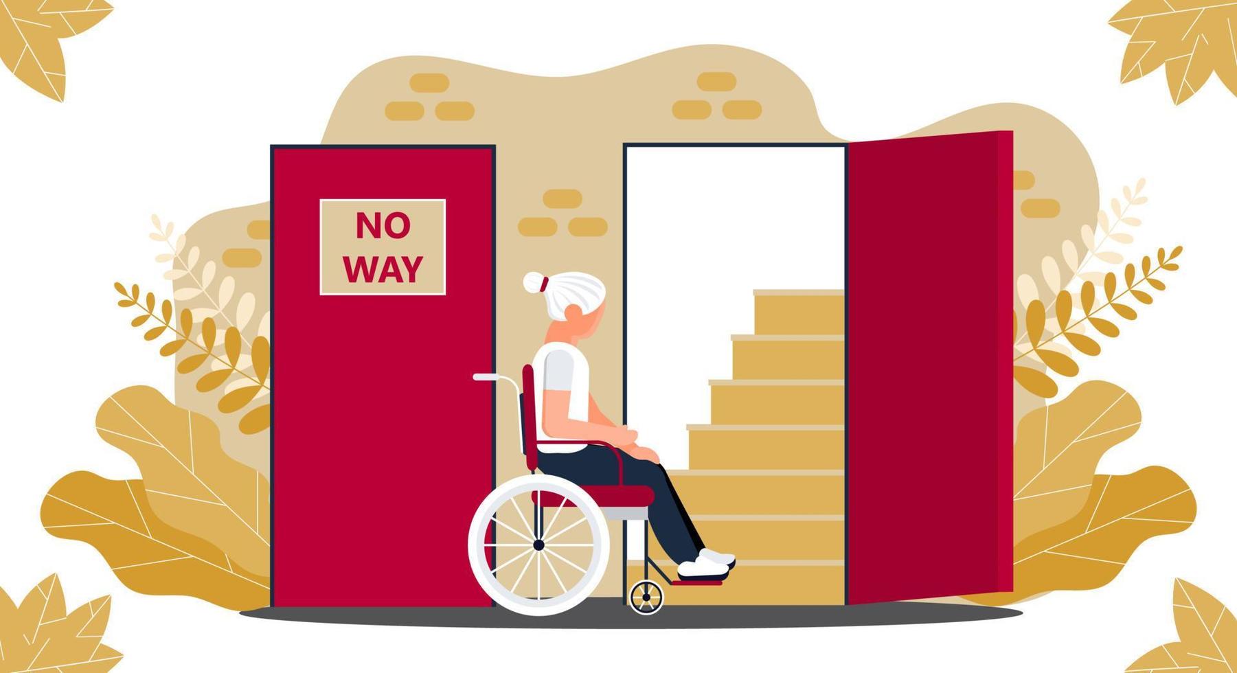 Disabled senior woman in wheelchair and looking at open door and stairs. Lack of ramp, conditions, accessible environment for invalids. Social problem, assistance for old people. No way vector. vector