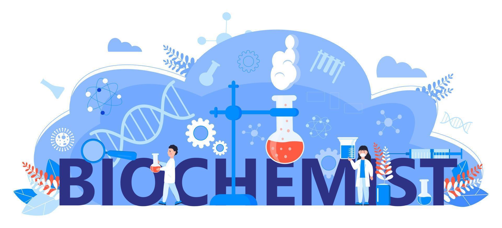 Biochemist online learning concept. Biological technology, biotechnology science vector. Scientists study microorganisms in microscope. Medical research illustration for homepage, banner. vector