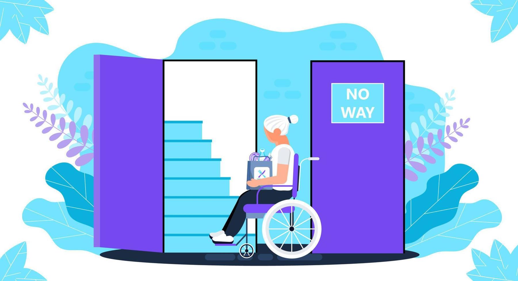 Disabled senior woman in wheelchair and looking at open door and stairs. Lack of ramp, conditions, accessible environment for invalids. Social problem, assistance for old people. No way vector. vector