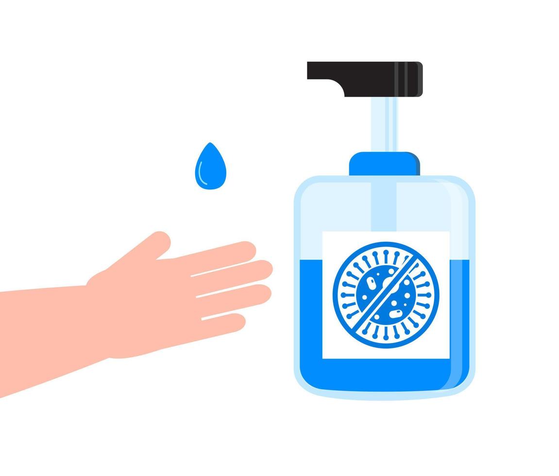 Hand sanitizer application vector. Personal hygiene dispenser, infection control symbol. Antivirus protection illustration. Gel is dropping on hand. vector