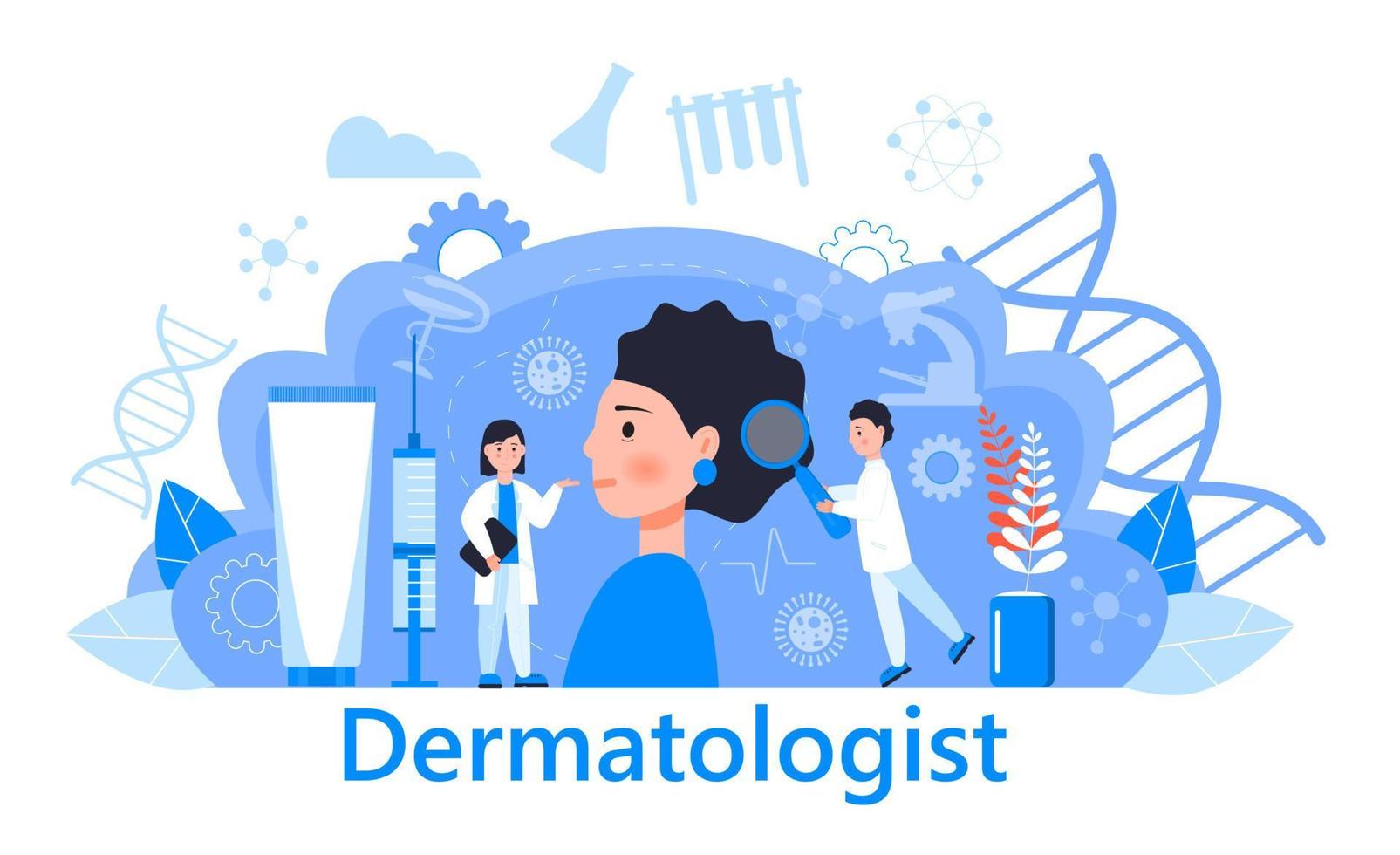 vector de concepto de dermatólogo para sitios web médicos y páginas de destino, blog. enfermedades de la piel y problemas dermatológicos. psoriasis, vitiligo, dermatitis, rashea humana.