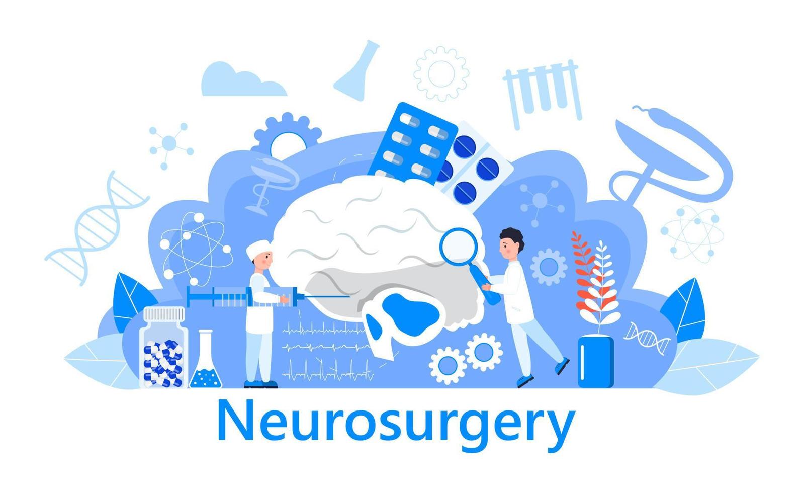 Neurosurgery concept vector. Multiple sclerosis awareness month event. Anatomical science of brain and senses diseases for website. Tiny doctor treat sclerotic. vector