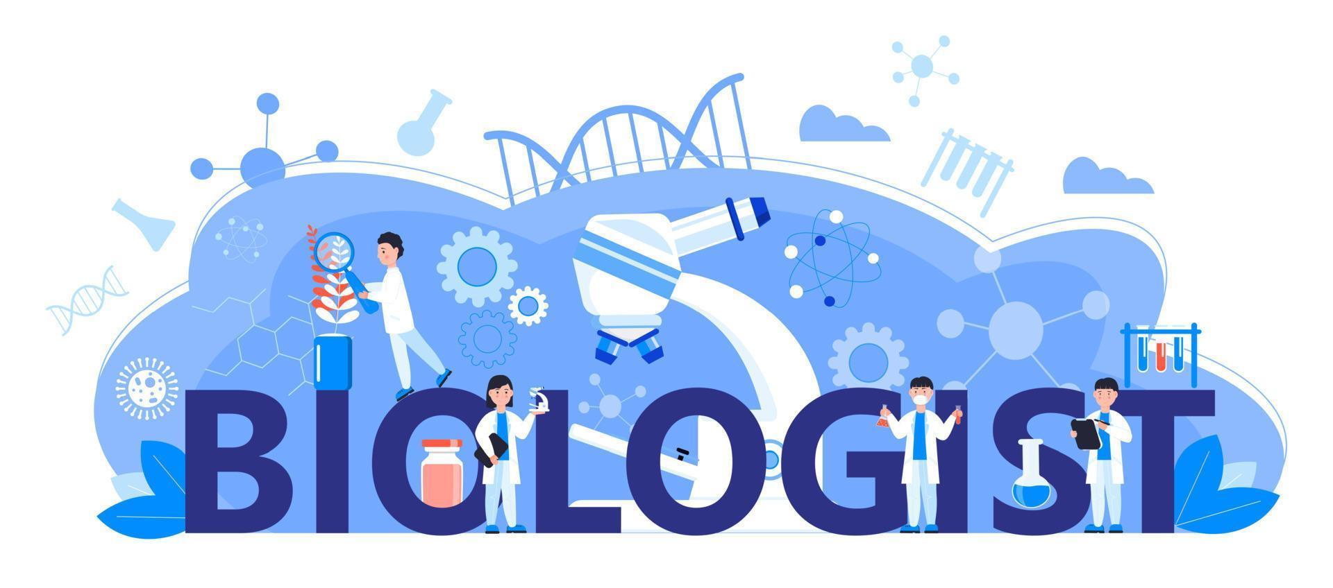 Biologist online learning concept. Biological technology, biotechnology science vector. Scientists study microorganisms in microscope. Medical research illustration for homepage, banner. vector