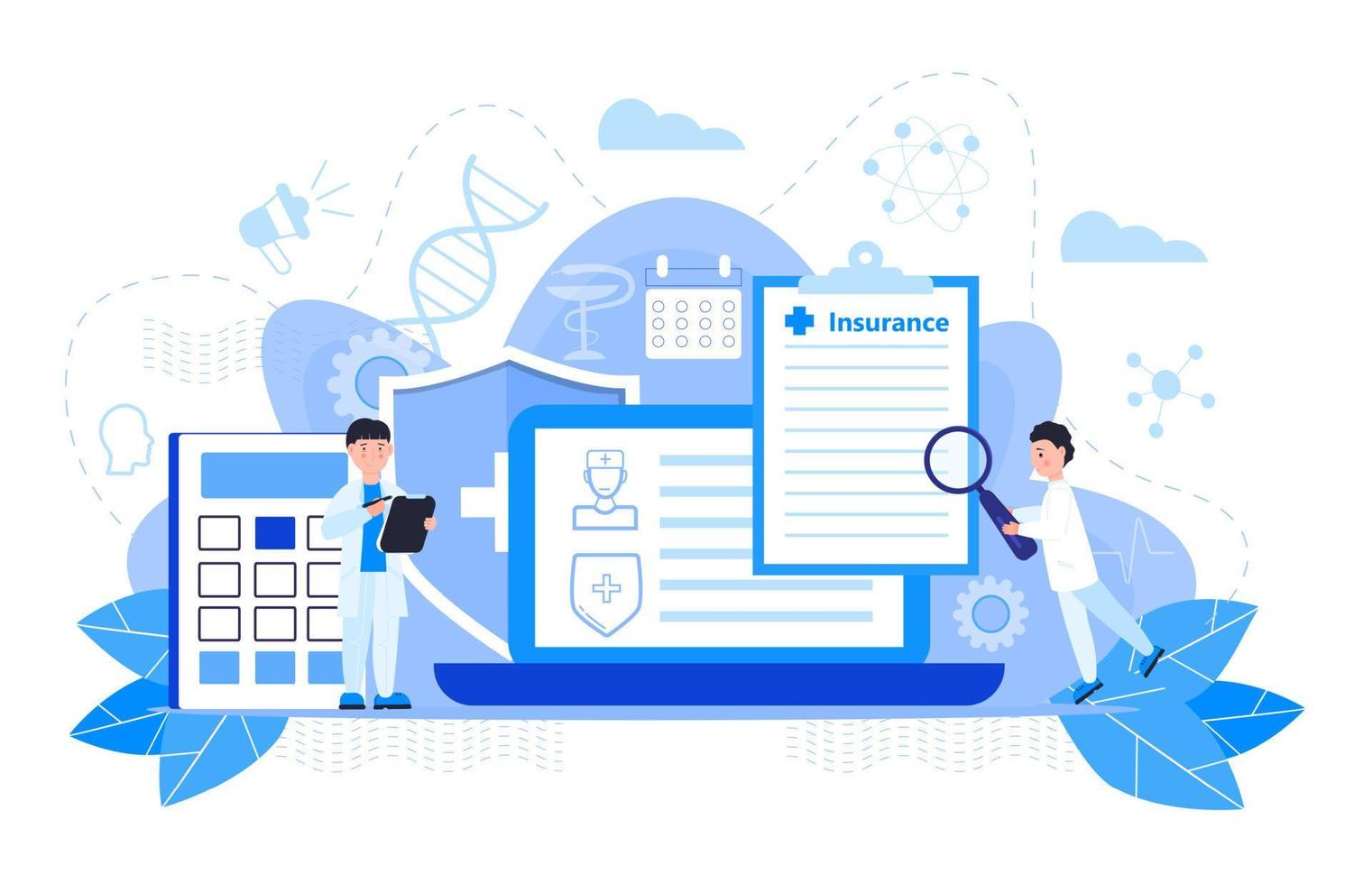 concepto de vector de seguro de salud, las personas con médico llenan el formulario de seguro de salud en línea. servicio de agente de ayuda para calcular la factura del seguro. se puede usar para la página de destino, la interfaz de usuario, la web