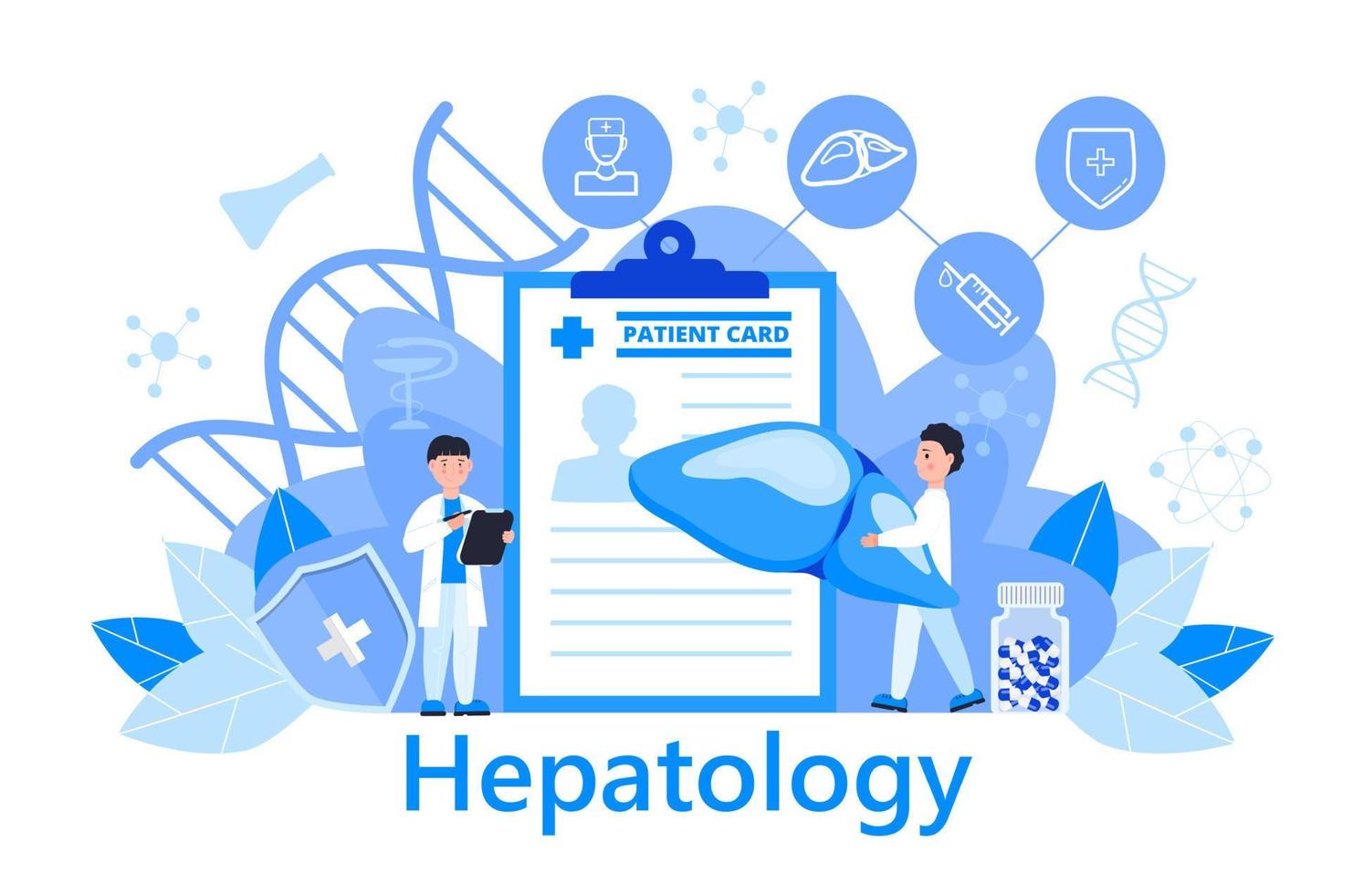 vector de concepto de hepatólogo para página de inicio médica. hepatitis a, b, c, d, ilustración de cirrosis y día mundial de la hepatitis. pequeños médicos tratan el hígado. los especialistas en hepatología están trabajando.