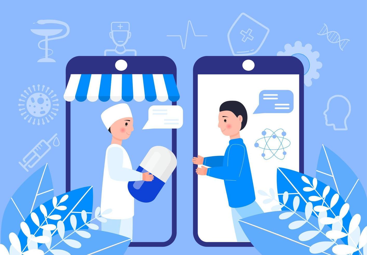 Online pharmacy concept vector. Pharmacist gives pill. Customer buys medication in smartphone screen. Online doctor consultation, remote drugstore illustration. Healthcare banner for app, web. vector