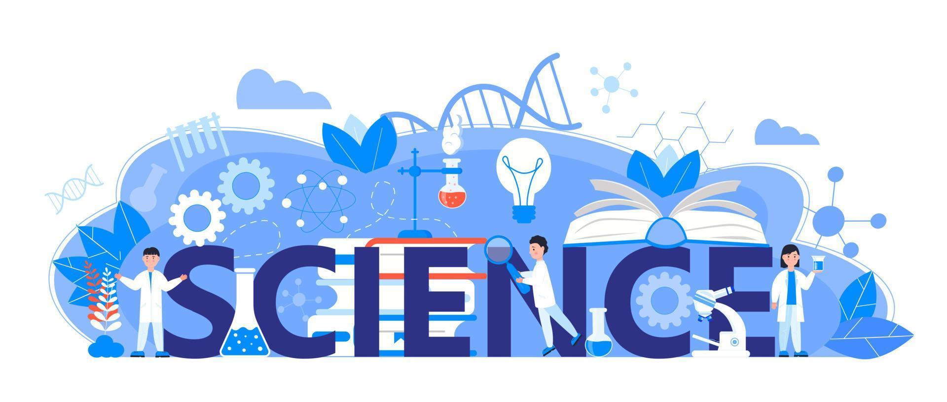 Science concept vector for header website. Innovation, scientific research and online studying illustration. Chemistry, medicine researcher are working. Scientists study microorganisms in microscope