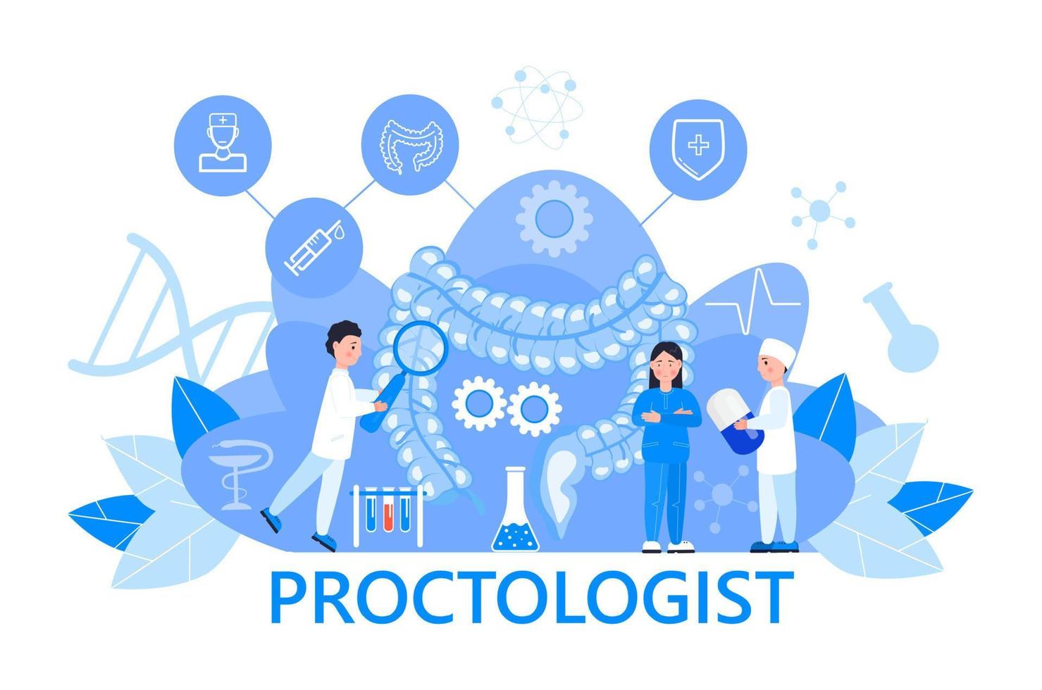 Proctologist concept vector for medical web. app. blog.Intestine doctors examine, treat dysbiosis. Tiny therapist of proctology looks through a magnifying glass at harmful bacteria.