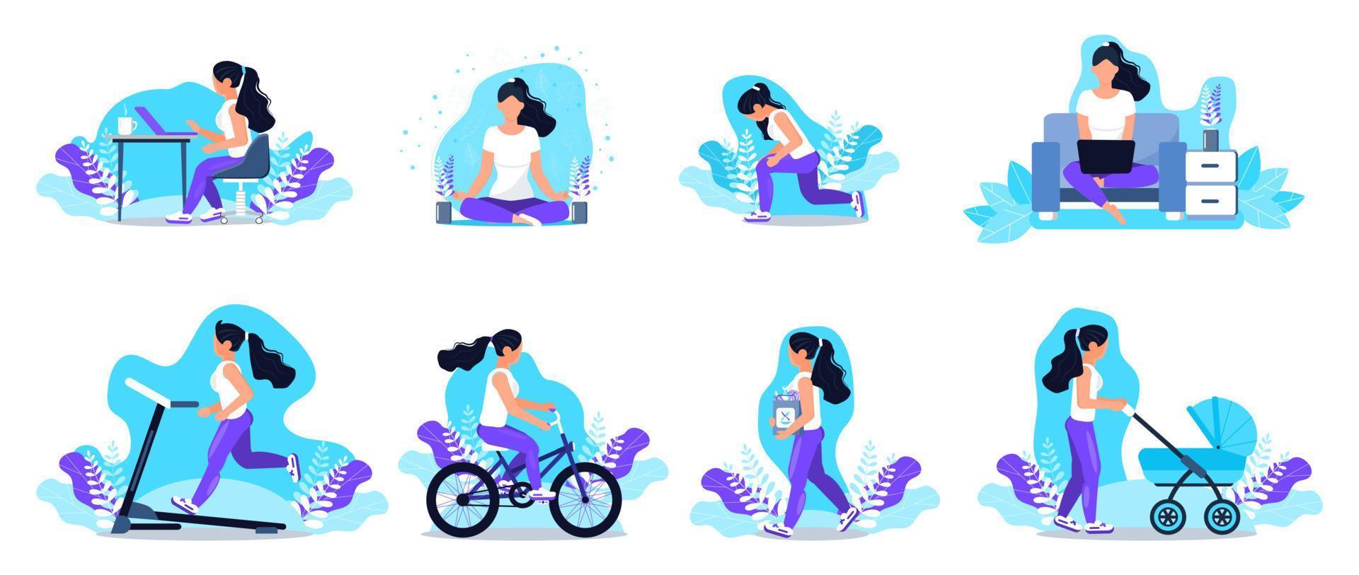 White woman is doing different outdoor activities. She is running, yoga, workout, riding a bicycle, walking with baby stroller. Girl is carrying package. Healthy lifestyle vector